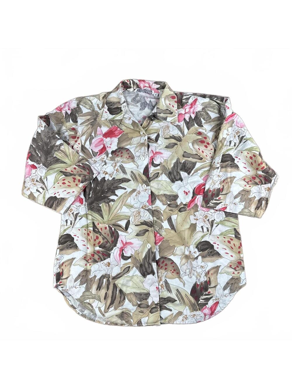 Via Condotti Florida Women Sz Medium Button Up Blouse Jungle Floral 100% Cotton